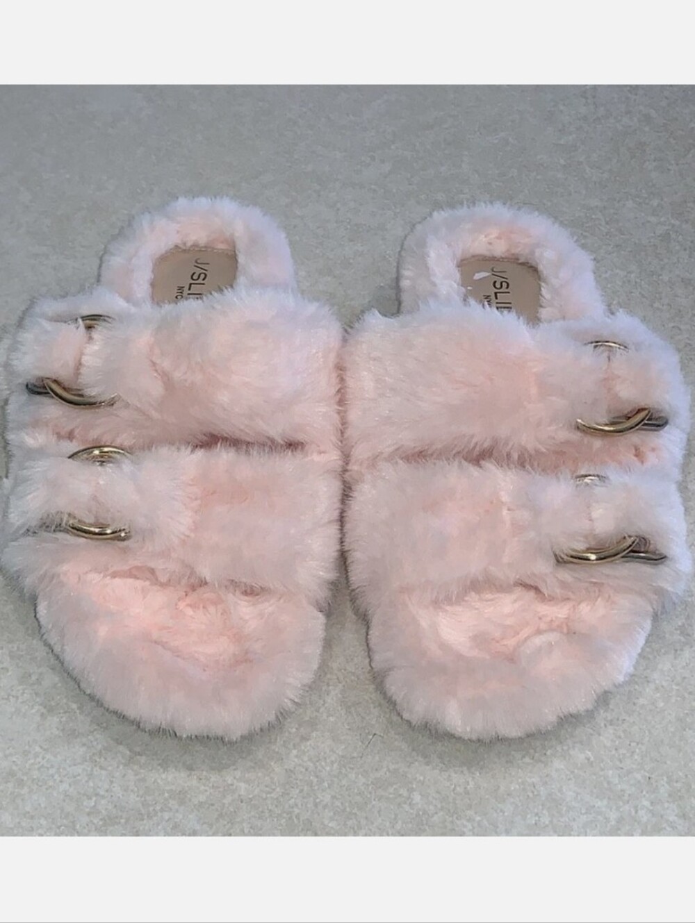 J/SLIDES Pale Pink Faux Fur Slides with Gold Buckle Accents